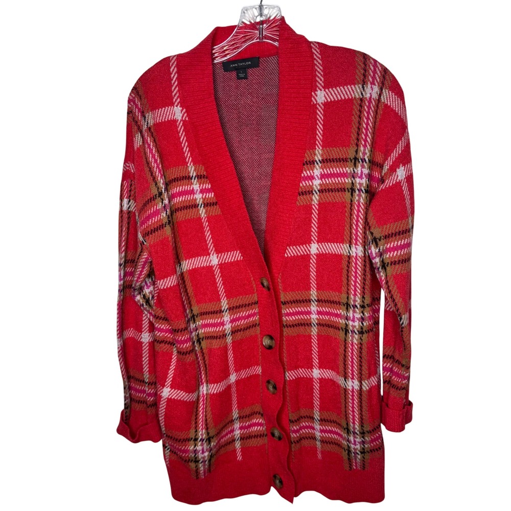 Ann Taylor Plaid Cardigan Sweater Red Women's Size‎ L Preppy Work Office
